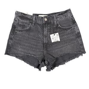 Zara Women's The Cut Off Black Embellished Denim Shorts Size 6